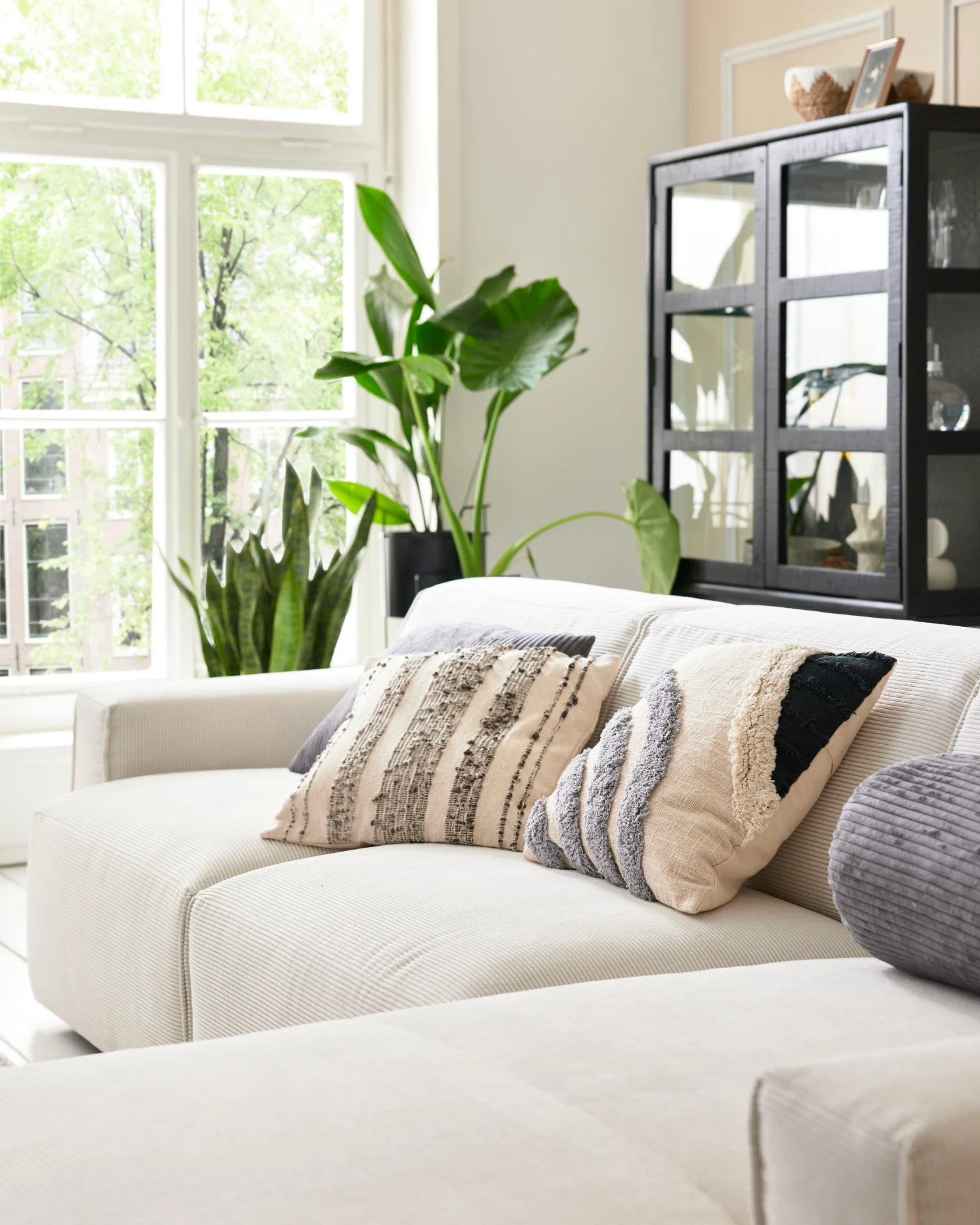 Detailaufnahme eines hellen Wohnzimmers mit Roomio Sofa, großen Fenstern und grüner Zimmerpflanze – modernes Interior Design mit natürlicher Ausstrahlung.