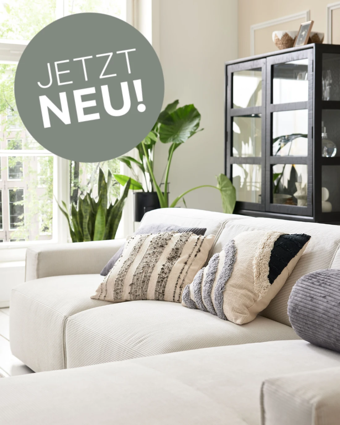 Blick in einen Roomio Store mit ausgestellten Sofas und Wohnaccessoires – Einladung zum Besuch vor Ort.